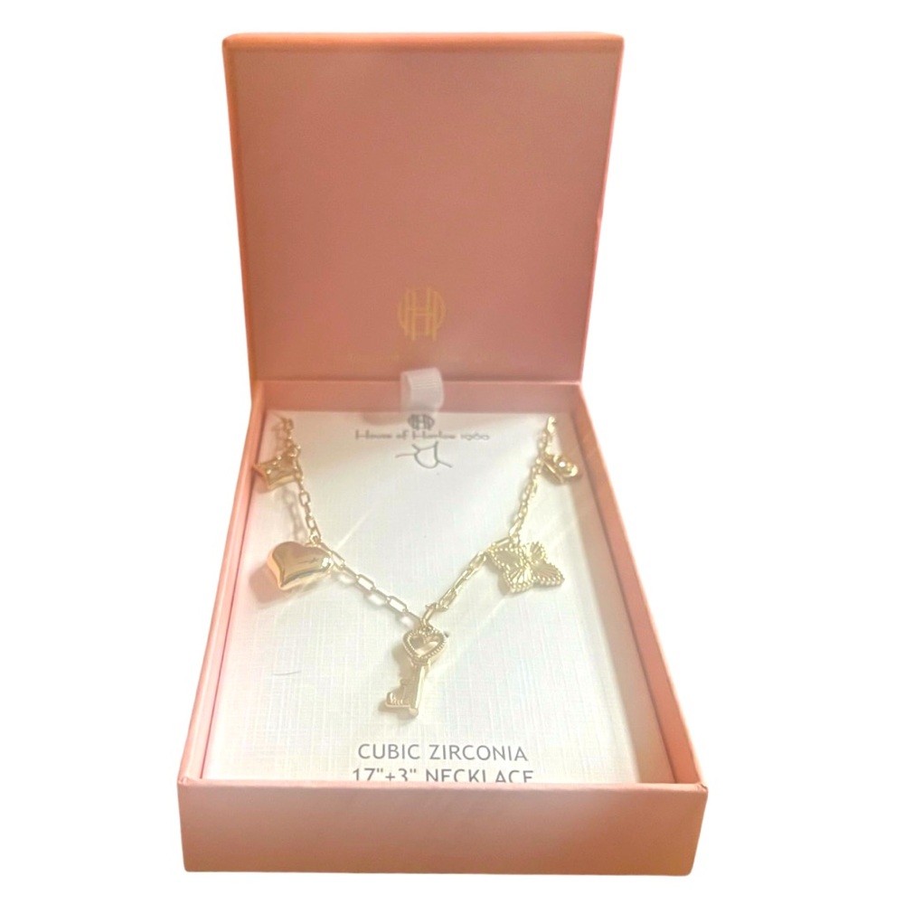 New In Box House Of Harlow 1960 Goldtone Adjustable Charm Necklace. - Picture 3 of 11